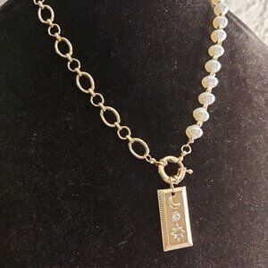 18" gold tone faux pearls and celestial pendant necklace